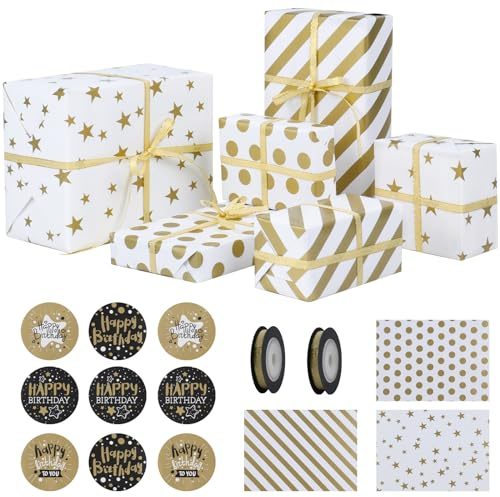 GAOHUI 6 Pack Wrapping Paper, Gold Birthday Wrapping Paper with with Sticker and 2 Ribbons for Christmas, Mother Day, Valentines, Wedding, Birthday(70cm X 50cm)