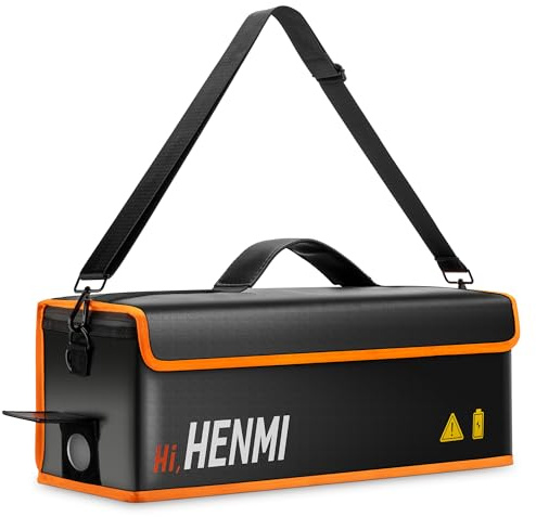 HENMI Ebike Akku Tasche 41 x 13 x 12 cm | 1000 °C Feuerfest für Aufbewahrung & Transport, mit Metallverschluss und Schultergurt