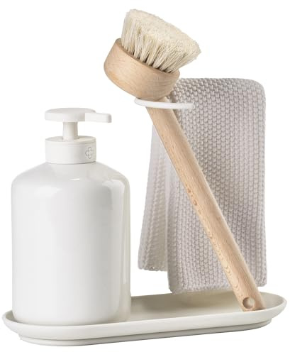 Zone Denmark Inu Spülset 4-teilig – Elegantes Küchen-Set Mit Seifenspender, Bürste, Tuch Und Ablage – Skandinavisches Design Aus Steinzeug und ABS – 20,2 x 8,8 x 21 cm – Offwhite (Weiß)