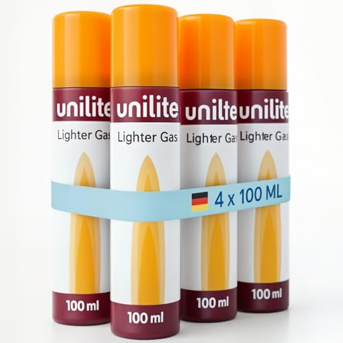 UNILITE Feuerzeuggas 4x100 ml – Nachfüllgas mit 5 Adaptern | Butangas-Kartuschen zum Nachfüllen für Feuerzeuge, Flambierbrenner, Sturmfeuerzeug und Stabfeuerzeug