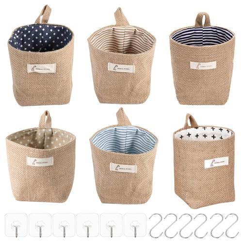 6 Stück Aufbewahrungskörbe, Baumwolle, Leinen, faltbar, kleine Körbe mit 6 Stücke S-Griffe und 6 Stücke J-Haken, Hängeaufbewahrung Wandkorb, Körbe & Behälter für Spielzeug, Make-up, Schlüssel