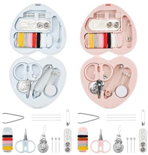 CODIRATO 2 PCS Kits de Couture Portable en Forme de Coeur, Mini Boîte à Couture en Plastique, Trousse Couture de Voyage, Kit d'Aiguille et de Fil pour Bricolage, Maison, Voyage, Bureau (Rose/Bleu)