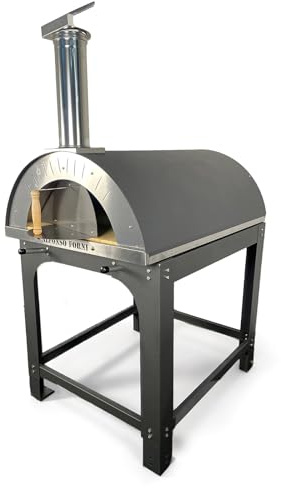 Forno A Legna Da Esterno, Per Pizza, Pane, Alfonso 6 Pizze Full Optional Nero Antracite con carrello, Camera Di Cottura Diretta In Acciaio Inox E Mattoni Refrattari Alimentari Biscotto 3 cm