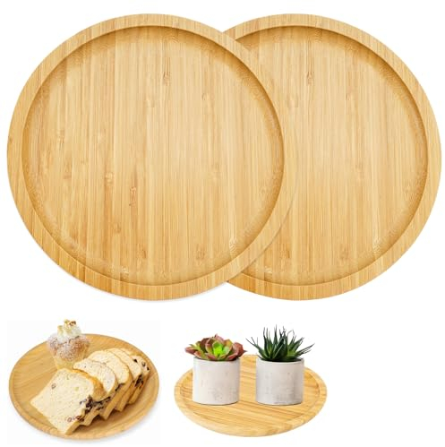 EXIN DECHEN 2PCS Bandeja Redonda Bambú, 20 * 20 * 2cm Platos Redondos para Velas de Bambú, Plato Redondo Madera, Redondo Plato de Madera, Bandeja de Bambú para Posavasos, Té, Café, Pastel, Suculento