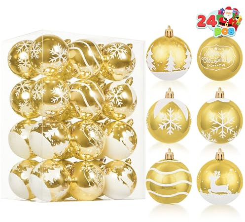 JOIEDOMI 24-teiliges Weihnachtskugel-Ornament-Set, zarte Bemalung und glitzernde, bruchsichere Christbaumschmuck für Feiertage, Party-Dekoration, Baumschmuck(Gold und Weiß, 5,8 cm)
