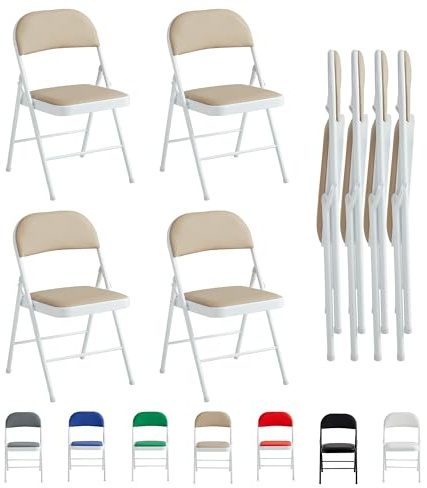 mcc direct Lot de 4 chaises pliantes en similicuir avec cadre en métal et siège rembourré, faciles à plier et à ranger pour la maison, le bureau, la salle à manger et la réception (beige)