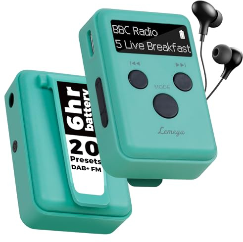 LEMEGA MINI GO DAB Portable Pocket Digital Radio,Personal Mini DAB Sports Radio,Sports Clip & XL Length Earphones,Rechargeable Battery,Quick Charge,20 Station Presets,Green
