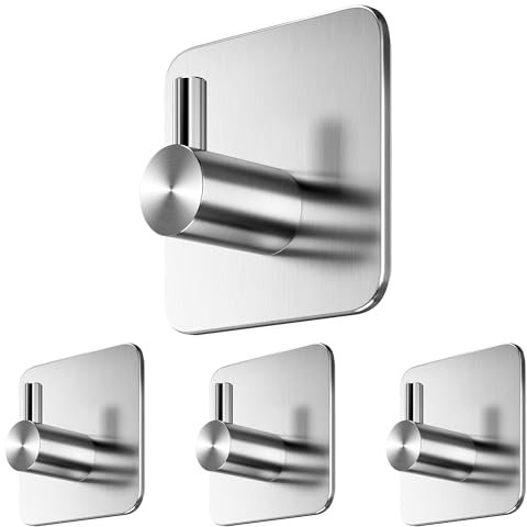 Menz Toallero sin taladrar, juego de 4 unidades, color plateado, ganchos adhesivos resistentes al agua, ganchos para toallas de baño de acero inoxidable, ganchos autoadhesivos extrafuertes