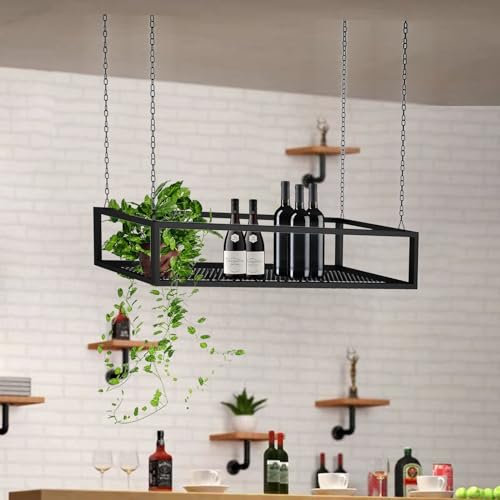 Whnoorher Deckenregal Schwarzes Metall-Deckenregal, verstellbares Wand-Weinregal, Pflanzenregal, Metallrahmen, Decken-Hängeregale für Bar, Küche, Balkon, Weinflaschenhalter(80x25x15cm)