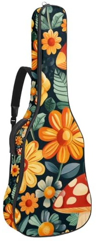 Gitarrentasche mit Pilz-Waldpflanzen-Muster, gepolsterte Tasche für Akustikgitarre, Rucksack mit verstellbaren Schultergurttaschen, Mehrfarbig 04, 42.9x16.9x4.7 in, Lässiger Tagesrucksack