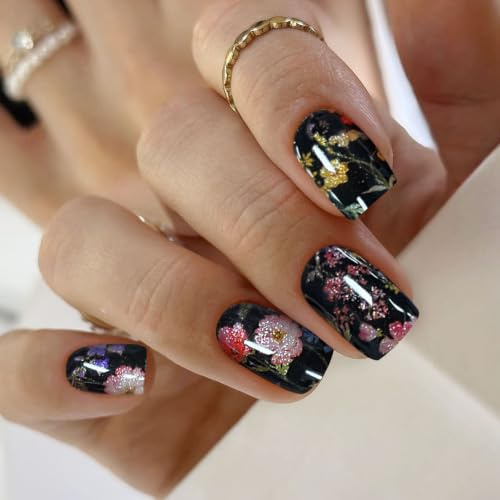 JMEOWIO Nagelfolie UV Härtend Schwarze Bunte Blume UV Gel Nail Strips Nagelsticker Nagelaufkleber Nail Art Dekoration Nageldesign Zubehör
