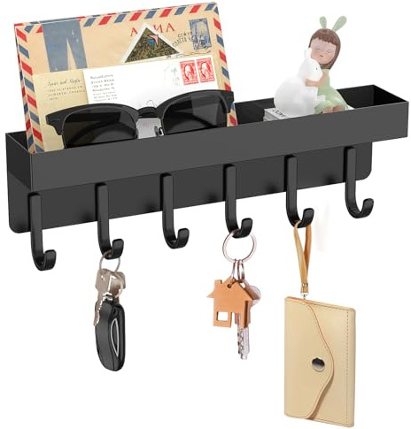 kuaima Magnetic Key Holder, Small Wall Mount Key Rack with Shelf for Fridge, 6 Metal Hooks, 9.65 Inch, 2 Installation Options, Black