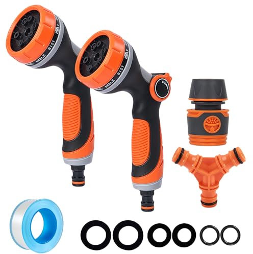 2Pack Garden Hose Pipe Spray Gun,Garden Hose Nozzle with Tap Hose Connectors Fittings Set,Multi Adjustable Patterns High Pressure Water Hose Spray Gun for Garden Plants,Pets Bathing,Car Cleaning