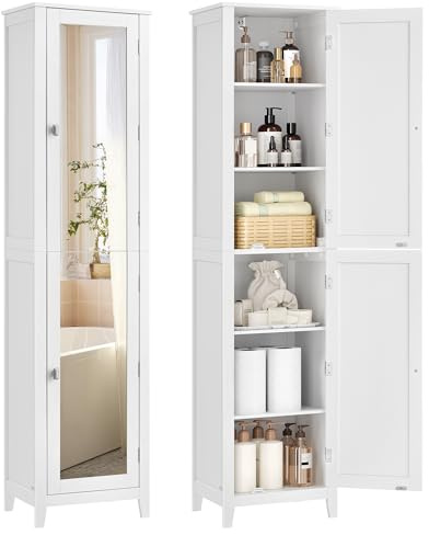 VASAGLE Armadio Alto da Bagno, con Specchio a Figura Intera, Mobile da Bagno, con Ripiani Regolabili, 30 x 40 x 160 cm, per Spazi Ridotti, Soggiorno, Corridoio, Bianco Nuvola BBC764WH01