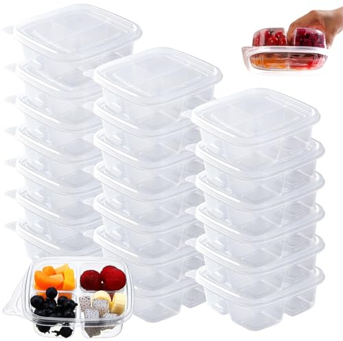 Ausune 25 Pack Snack Containers, 4 Compartments Bento Snack Box, 17.5CM x 17.5CM Stackable Food Storage Leakproof Meal Prep Ideal for School Work Travel Durable