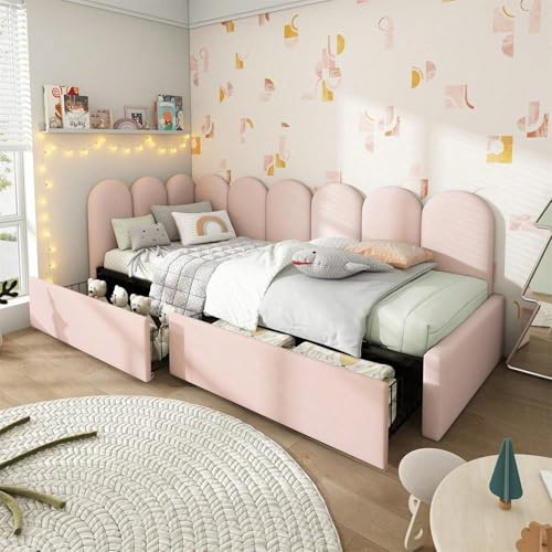 Sairedel Stoppad enkelsäng med lådor för soffa 90 x 200 cm med ungdomsribbotten och spjälsäng för vuxna, rosa