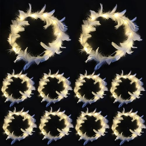 Diadema con corona, 10 unidades, corona de plumas decorativa blanca de 8 pulgadas, tres modos luminosos, diadema de ángel LED, encantadora para cosplay, Navidad, Halloween, disfraces festivos