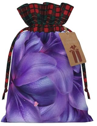 Lila Lilien-Blumen-Druck, Weihnachts-Kordelzug, Leinen, Geschenktüten, wiederverwendbare Stoffbeutel mit Etiketten, für Weihnachtsgeschenke