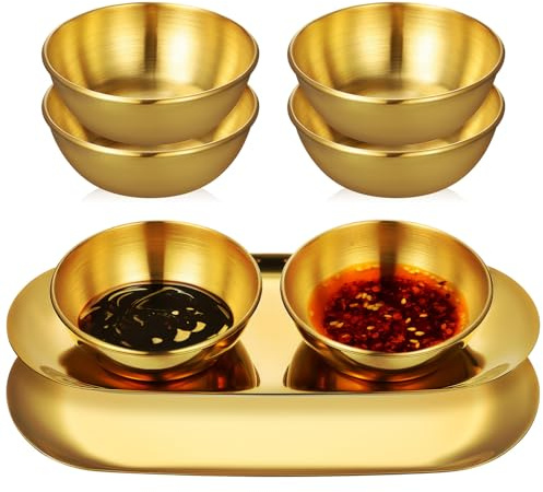 DIYEAH Cuencos Redondos para Condimentos de Acero Inoxidable 6 Piezas con Bandejas Ovaladas Grandes Doradas Resistentes al Calor para Servir Aperitivos y Salsas en Cocina y Comedor | 2 Bandejas Decorativas Ovaladas, Borde Redondeado, para Salsa de Soja, Sal y Pimentón