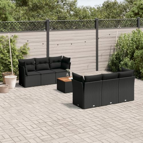 QJBSAVVA 7-TLG. Gartenlounge Schwarz 62x62x69 cm, Poly-Rattan mit Akazientisch, modulares Balkonmöbelset mit abnehmbaren Kissen, UV-beständig, für Garten Terrasse Balkon