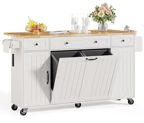 ONBRILL 69 Kitchen Islands with Dual Trash Cabinets, Rolling Island Cart with Large Storage, Dining Table with Solid Wood Drop Leaf, Bar Table with Power Outlet & Spice & Towel Rack, White