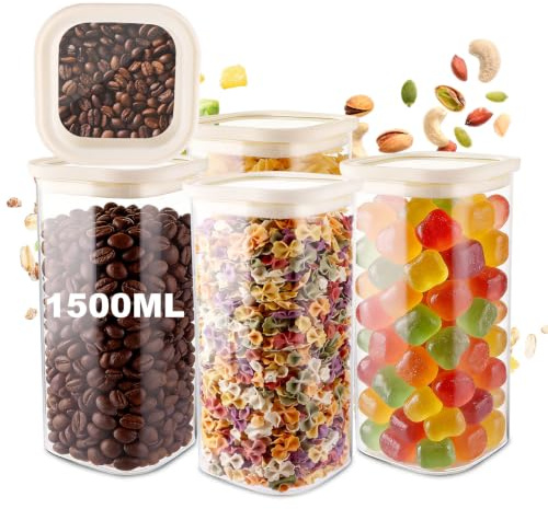LDXDRU 4er 1500 ml Vorratsgläser Glas mit Deckel Eckig, Vorratsdosen Luftdicht Set, Glasbehälter Vorratsglas mit Kunststoffdeckel Vorratsbehälter Glas Eckig für Müsli, Mehl, Gewürze