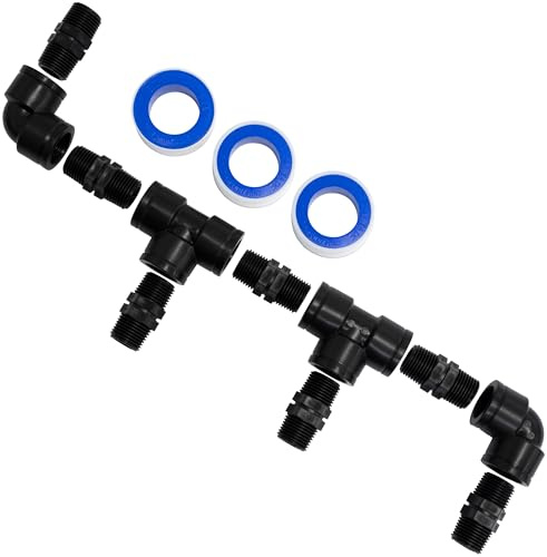 AERZETIX Kit de conexión de 4 vías 1/2 en plástico / 7 niples iguales / 2 racores en T / 2 codos 90° / 3 rollos de cinta PTFE 10 m