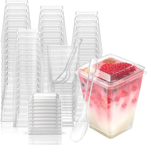 Hikrxya 150ml Reusable Mini Dessert Cups with Lids and Spoons, 50 Pack Clear Square Reusable Plastic Dessert Cups, Cheesecake Pots, Multi-use Serving Dessert Bowls for Party Supplies