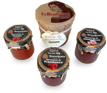 QUESOQUESO® Pack Membrillo Natural + 3 Mermeladas Artesanales Gourmet para Quesos | Sabores Variados (Tomate, Frambuesa y Pétalos de Rosas) (280g) | Maridaje para Quesos Frescos y Tiernos