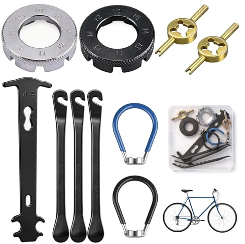 TAIXING 10 Stück Fahrrad Speichenschlüssel, Fahrrad Flickzeug | aus 2 Fahrrad Speichenspanner der Größen 10-15 und 3 Reifenheber, zur Reparatur von Fahrradspeichen und Reifen