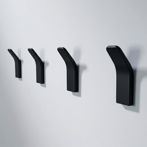 LINKWAY Klebehaken extra stark - Handtuchhaken ohne Bohren für Badezimmer & Küche, Metall Wandhaken selbstklebend, Handtuchhalter Wandmontage, minimalistisches Design, 4er Stück (Schwarz)