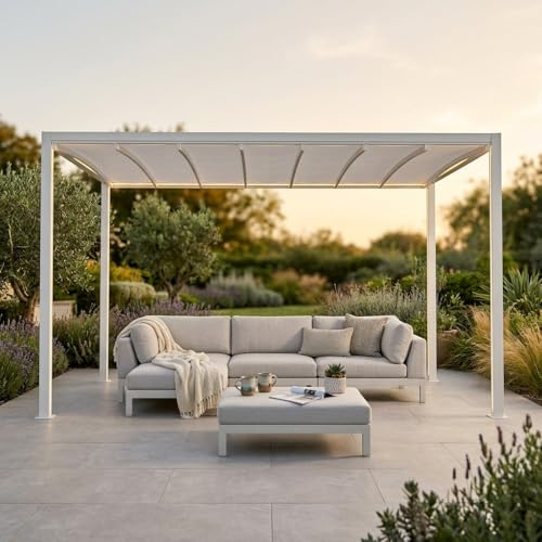 BS COM Pergola Bioclimatica in alluminio con tetto retrattile e LED - HERA Bianco