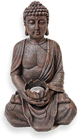 HH Home Hut Solar Garden Sitting Buddha Ornament Stone Zen Effect Outdoor Indoor Statue Thai Meditating Feng Shui Light Figurine