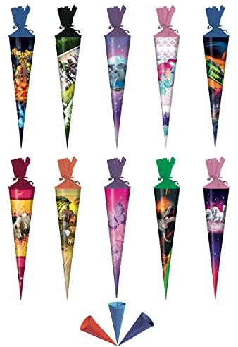 Stylex / TIB 10x Schultüte - Länge: 35cm / rund / 10 Verschiedene Motive/Zuckertüte + Gratis - Zugabe 3 Bunte Bonbonieren Tüten, Schultüten bunt zur Einschulung, 12 cm