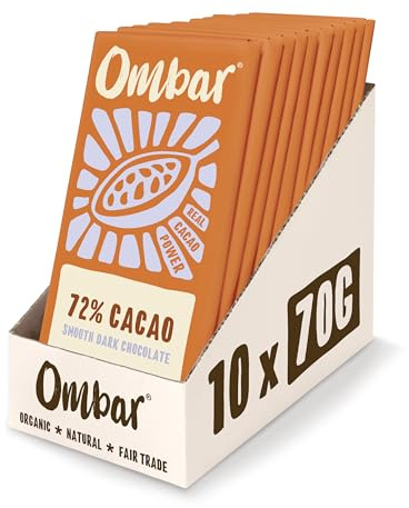 Vegan Chocolate - Ombar 72% Cacao Dark Chocolate (70g x 10 Bars) Organic, Fair Trade, Dairy Free and Gluten Free Chocolate