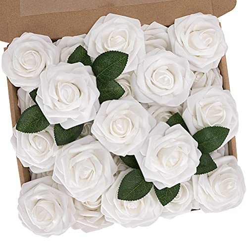 N&T NIETING Künstliche Blumen Rosen, 25 Stück Deko Blumen Fake Rosen mit Stielen DIY Hochzeit, Brautparty-Mittelstücke, Partytische, Blumensträuße Braut Zuhause Dekoration, Weiß