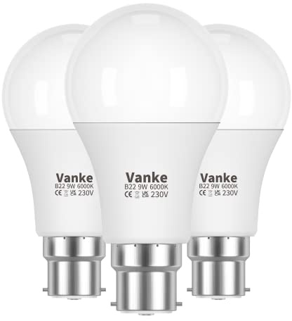 Vanke Bayonet Light Bulb 9W(60W Equivalent), Cool White 6000K, Pack of 3 | B22 A60 LED Bulbs, 806 Lumen, Save 85% Energy, BC Lightbulb, Non-Dimmable