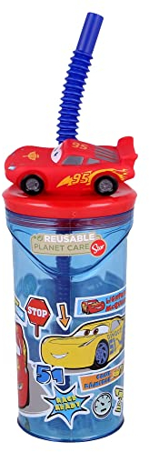 Vaso infantil reutilizable con pajita y tapa con figurita 3D y capacidad de 360 ml de Cars - Disney