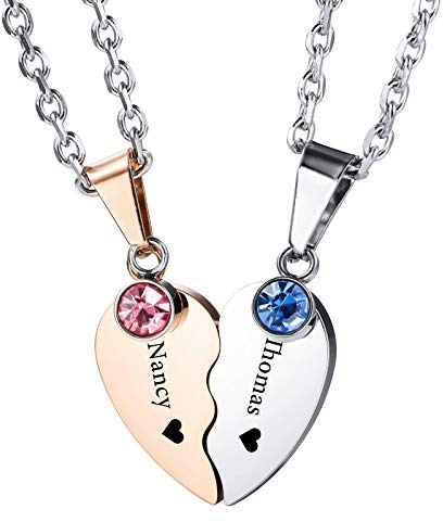 INBULE Personalisierte Herz Pärchen Halskette mit Wunschgravur von Name Datum für Paare Damen Herren Liebhaber Geburtsstein Edelstahl Verstellbare Kette Liebevolle Beziehung Puzzle Anhänger