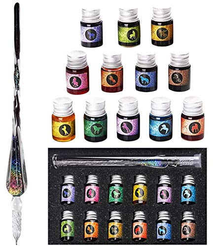 Glass Dip Pen Ink Set Kalligrafi Dip pennor Crystal kalligrafi penna och bläck Set med 12 färgglada bläck för Art Writing signaturer