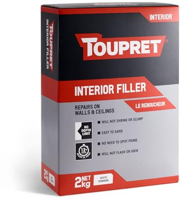 Toupret Interior Filler - Easy to Sand, No Shrink Crack Filler - Smooth Finish Wall Repair for Interior Surfaces - Professional Powder Filler - White - 2 kg