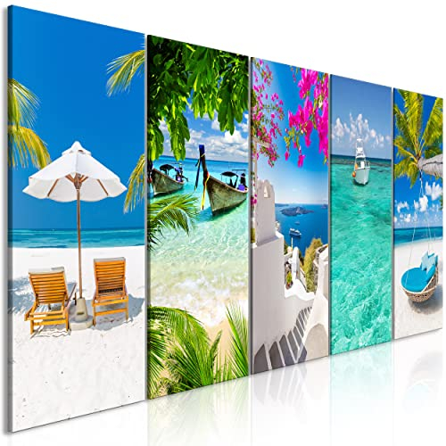 decomonkey Bilder Meer Strand 100x40 cm 5 Teilig Leinwandbilder Bild auf Leinwand Wandbild Kunstdruck Wanddeko Wand Wohnzimmer Wanddekoration Deko Natur Landschaft Sommer Boot Palme