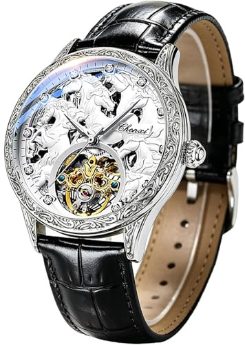 Orologio da uomo in oro con tourbillon di lusso, tigre intagliata, fasi lunari, a carica automatica, meccanico, retrò, tatuaggio, scheletro, quadrante grande, cinturino in pelle, Argento