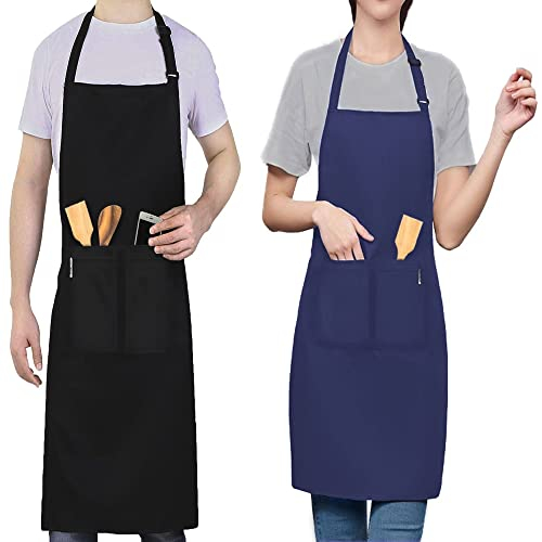 LEFUNDA® - Paquete de 2 delantales de cocina impermeables con 3 bolsillos, ajustables para barbacoa con correas largas para hombre y mujer (2 delantales - Negro y Azul - Grande)