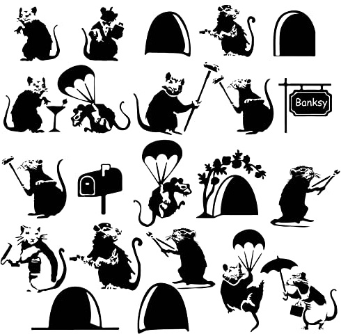 PLIGREAT 22 Stück 3D Mouse Hole Wandtattoos ohne Ränder, lustige schwarze Banksy Style Wandtattoos für Wohnzimmer Spielzimmer Schlafzimmer Wanddekorationen Home Indoor Wall Art Decor