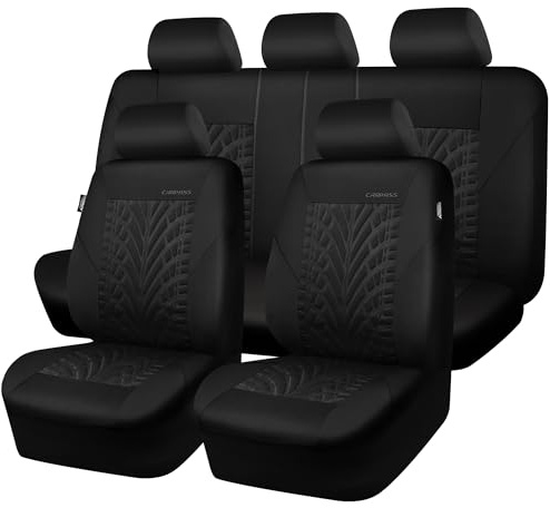 CAR PASS Car Seat Covers Full Sets, Front & Split Rear Bench for Car, 3D Tyre Embossed Automotive Interior Covers, Airbag Compatible, Quick Setup Universal Fit Seat Covers for Car, SUV(All Black)