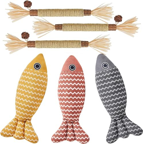 MarverFace Katzenminze Spielzeug 6 Stück, 20CM Katzenminze Spielzeug Kissen Fisch Form, 3 Matatabi Katzenminze Sticks,Katzenspielzeug für Katzen Spielen und Kauen