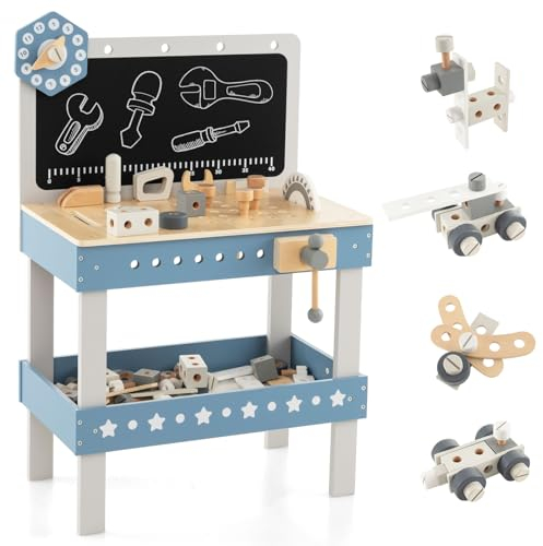 DREAMADE Werkbank Kinder, Werkzeugbank für Kinder aus Holz mit 61 Zubehör, Werkzeug Spielzeug Set mit Tafel & Uhr & Werkzeughalter, Werkbank für Kinder ab 3 Jahren (Blau)