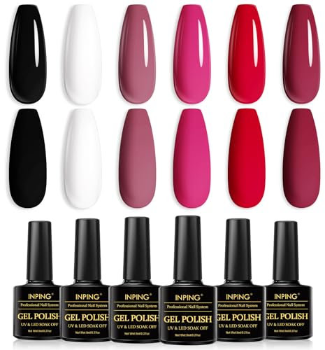 INPING Gel Nail Polish, 6 Colors Bright Pink Purple Red Black White, UV/LED Nail Varnish Set For Home DIY Nail Art Salon, Christmas Halloween Beauty Gel, 8 ML