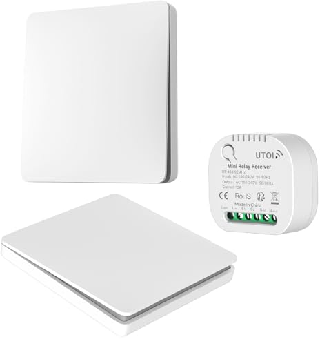 UTOI Interruttore Luci Senza Fili con Relè 15A 220V, Interruttore Wireless Senza Batteria, Telecomando RF On Off Control a 2 Vie per Lampada LED, Bianco (2 Interruttori + 1 Ricevitore)